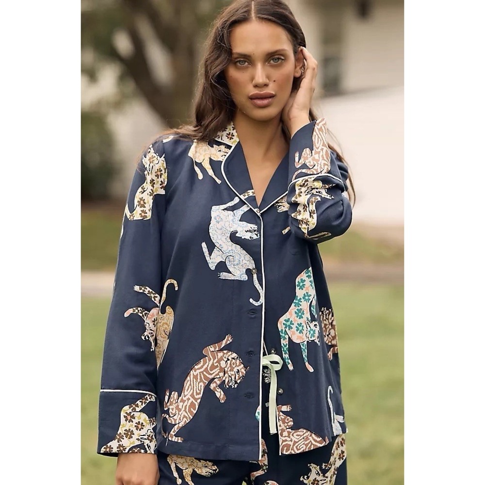 Anthropologie Leopard Print Flannel Button Down Blue Pajama Top Women's Sz L